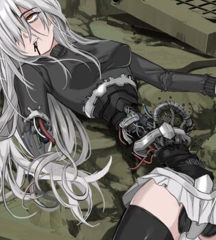 1girl 56koruru amputee android breaking broken commentary death defeat english_commentary highres humanoid_robot lying mechabare missing_limb motor_oil original robot robot_girl science_fiction shattered yellow_eyes