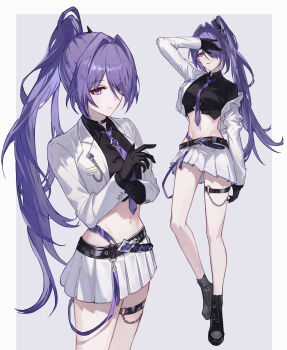 1girl absurdres acheron_(honkai:_star_rail) alternate_costume alternate_hairstyle bare_legs belt black_belt black_gloves black_shirt black_shoes crop_top gloves hair_intakes hair_over_one_eye highres honkai:_star_rail honkai_(series) jacket jacket_partially_removed long_hair long_sleeves midriff miniskirt mu_(rgpv4745) multiple_views navel necktie off_shoulder open_clothes open_jacket pleated_skirt ponytail purple_eyes purple_hair purple_necktie shirt shoes skirt standing stomach thigh_strap thighs very_long_hair white_jacket white_skirt
