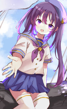 beret blue_skirt blue_sky blush cloud day gochuumon_wa_usagi_desu_ka? hat highres long_hair open_mouth outdoors outstretched_arm pastelpomi pleated_skirt purple_eyes purple_hair sailor_collar school_uniform shirt sitting skirt sky smile solo tedeza_rize thighhighs twintails very_long_hair white_hat white_shirt