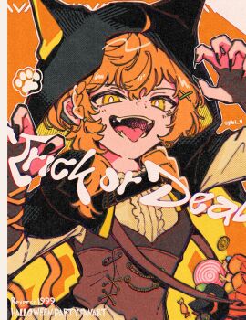 Rule 34 | 1girl, animal hood, bag, black hood, black nails, black vest, braid, brown corset, candy, cat hood, center frills, character request, claw pose, commentary, copyright name, corset, english commentary, english text, fingerless gloves, fingernails, food, frills, gloves, hair ornament, hair tie, halloween, hat, highres, hood, jiki (jiki 9), leather corset, lollipop, long sleeves, looking at viewer, open mouth, orange hair, reverse:1999, satchel, sharp fingernails, shirt, single braid, solo, swirl lollipop, trick or treat, twitter username, upper body, vest, white shirt, witch hat, wrapped candy, x hair ornament, yellow eyes