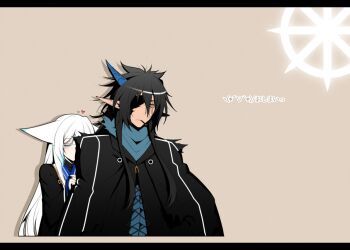 Rule 34 | 1boy, 1girl, animal ears, black hair, blue eyes, demon, demon boy, fox ears, horns, husband and wife, inari, konshin, letterboxed, long hair, orie jinku, orie mishiro, pixiv fantasia, pixiv fantasia fallen kings, pointy ears, red eyes, single horn, slit pupils, white hair, yellow eyes