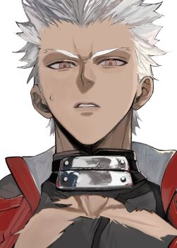 Rule 34 | 1boy, archer (fate), archer (honkai: star rail) (fate), brown eyes, dark-skinned male, dark skin, fate/stay night, fate/unlimited blade works, fate (series), jacket, looking at viewer, male focus, open clothes, open jacket, solo, spiked hair, upper body, wansan hq, white hair