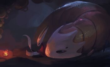 1girl arthropod_girl bell_beast_(hollow_knight) black_skin cave cloak colored_skin fire full_body highres holding holding_map holding_quill hollow_eyes hollow_knight hollow_knight:_silksong horned_mask hornet_(hollow_knight) looking_at_another looking_at_map lucy_(somewhat_irked) lying map mask no_humans no_mouth on_stomach quill red_cloak sitting white_mask