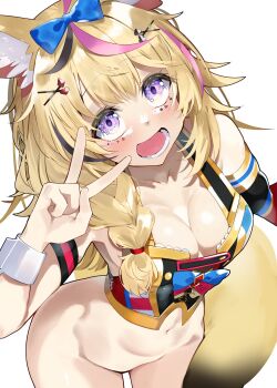 1girl absurdres animal_ears blonde_hair blue_bow blush bottomless bow braid breasts club_(shape) club_facial_mark club_hair_ornament cowboy_shot diamond_(shape) diamond_facial_mark diamond_hair_ornament facial_mark fox_ears fox_girl fox_tail hair_bow hair_ornament hair_over_shoulder hand_up heart heart_facial_mark heart_hair_ornament highres hololive long_hair looking_at_viewer mark_under_eye multicolored_hair navel omaru_polka omaru_polka_(1st_costume) open_mouth pink_streaks purple_eyes simple_background single_braid smile solo spade_(shape) spade_facial_mark spade_hair_ornament streaked_hair tail tsushi v virtual_youtuber white_background x_(symbol) x_facial_mark