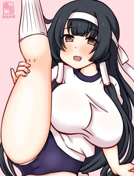 1girl alternate_costume artist_logo black_hair blue_buruma breasts buruma cameltoe cowboy_shot dated hair_ornament hair_ribbon hair_tubes kanon_(kurogane_knights) kantai_collection large_breasts leg_up logo long_hair looking_at_viewer mizuho_(kancolle) one-hour_drawing_challenge open_mouth panties panties_under_buruma panty_peek pink_background ribbon smile solo standing standing_on_one_leg underwear very_long_hair