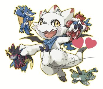 Rule 34 | betelgammamon, digimon, digimon (creature), full body, gammamon, gulusgammamon, heart, holding, holding stuffed toy, horns, kausgammamon, kkugu (9999 td), signature, simple background, solo, stuffed animal, stuffed toy, triceratops, wezengammamon, white background, yellow eyes