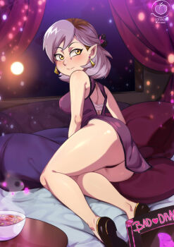 1girl aged_up amity_blight artist_logo artist_name ass back back_cutout barefoot black_panties black_shoes blush breasts brown_hair closed_mouth clothing_cutout cotonus dress earrings embarrassed eyelashes female_focus from_behind full_body huge_ass indoors jewelry logo looking_afar looking_back lying medium_breasts medium_hair multicolored_hair on_side panties pantyshot pink_hair purple_dress shoes short_dress sleeveless sleeveless_dress solo the_owl_house twisted_torso two-tone_hair underwear yellow_eyes