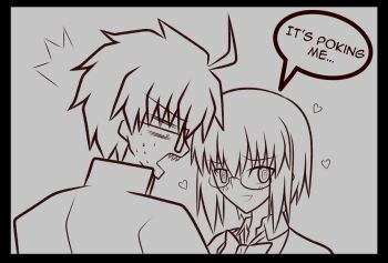ahoge blush ciel_(tsukihime) embarrassed english_text glasses greyscale heart highres monochrome nervous_sweating open_mouth sakurello shirt short_hair speech_bubble sweat tohno_shiki tsukihime tsukihime_(remake) upper_body