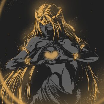 00osamio00 1girl armlet blonde_hair bracelet breasts circlet crown elden_ring elden_ring:_shadow_of_the_erdtree fromsoftware glowing gold_crown heart heart_hands highres jewelry long_hair medium_breasts navel nipples non-web_source queen silhouette standing topless_female very_long_hair