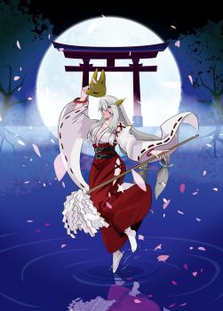 Rule 34 | 1girl, absurdres, animal ears, arm up, bead bracelet, beads, belt, black belt, blue eyes, bracelet, breasts, cleavage, clothing cutout, collarbone, commentary request, digimon, digimon (creature), facial mark, falling petals, fox ears, fox mask, full body, full moon, gohei, grey hair, hakama, hakama pants, highres, hip vent, holding, holding gohei, holding mask, japanese clothes, jewelry, kimono, large breasts, lipstick, long hair, long sleeves, makeup, mask, miko, miko day, moon, night, oonusa, outdoors, pants, parted lips, petals, purple lips, red hakama, reflection, reflective liquid, sakuyamon, sakuyamon: miko mode, solo, standing, standing on one leg, tabi, tai (cheungsk1213), torii, tree, unworn mask, very long hair, water, white kimono, wide sleeves