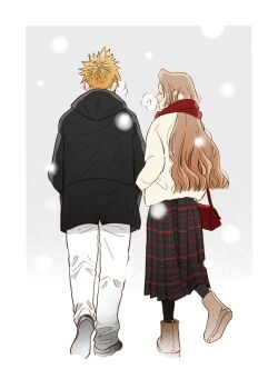 1boy 1girl 5ldijzsxe040384 aerith_gainsborough bag black_coat black_pantyhose blonde_hair blush boots border brown_boots brown_hair closed_eyes cloud_strife coat commentary_request ear_blush facing_away final_fantasy final_fantasy_vii from_behind full_body grey_background grey_boots highres holding_another's_arm hood hood_down hooded_coat long_hair long_skirt looking_at_another pants pantyhose plaid_clothes plaid_skirt pleated_skirt red_bag red_scarf scarf sharp_teeth short_hair shoulder_bag skirt smile snowing teeth walking wavy_hair white_border white_coat white_pants winter_clothes