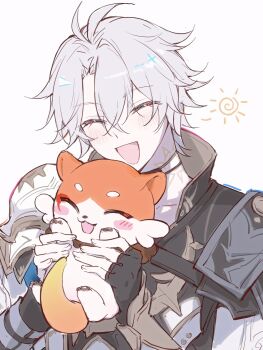 Rule 34 | 1boy, antenna hair, armor, black choker, black gloves, black shirt, blush, chimera (honkai: star rail), choker, closed eyes, coat, creature, fingerless gloves, gloves, highres, holding, holding creature, honkai: star rail, honkai (series), male focus, mydei (fig stew) (honkai: star rail), mydei (honkai: star rail), neck tattoo, parted bangs, pauldrons, phainon (honkai: star rail), shirt, short hair, shoulder armor, single glove, single pauldron, solo, sun symbol, sun tattoo, tan, tattoo, wa tian (jtym4), white background, white coat, white hair