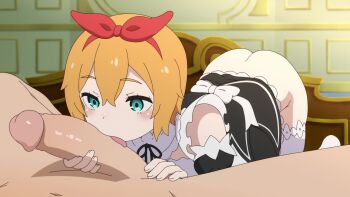 1boy 1girl animated apron ass bad_tag blue_eyes blush bottomless clothes_lift dress dress_lift erection fellatio hair_ribbon hetero highres licking licking_penis loli maid maid_apron male medium_hair no_panties oral orange_hair penis penis_grab petra_leyte re:zero_kara_hajimeru_isekai_seikatsu ribbon sadieyule tagme thighhighs tongue tongue_out uncensored video white_legwear