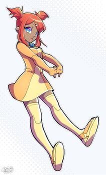 1girl android blue_eyes boots breasts dark-skinned_female dark_skin dress female_focus glowing glowing_eyes hair_ornament hairclip highres machine machinery mecha nikki_koha open_mouth red_hair robot sari_sumdac short_twintails small_breasts solo thighhighs transformers transformers_animated twintails