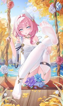 1girl :p absurdres blue_eyes blush cyrene_(honkai:_star_rail) feet flower foot_up garter_straps highres honkai:_star_rail honkai_(series) jndfh long_hair looking_at_viewer pink_hair see-through_clothes see-through_legwear soles strap_slip swing thighhighs toes tongue tongue_out white_thighhighs