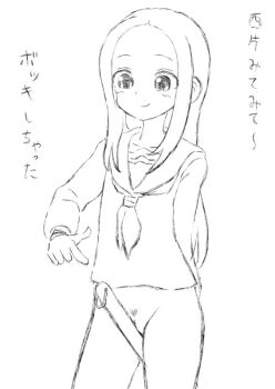 1girl bottomless cleft_of_venus female_focus female_pubic_hair japanese_text karakai_jouzu_no_takagi-san loli long_hair monochrome pointing pointing_at_self pole pubic_hair pussy school_uniform serafuku setsuden sketch smile solo standing takagi-san translated white_background