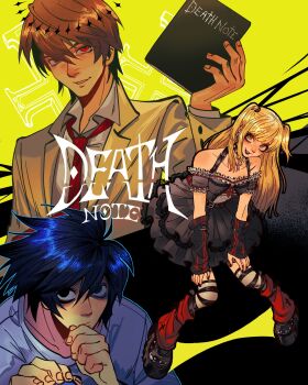 1girl 2boys abstract_background amane_misa bags_under_eyes bare_shoulders black_arm_warmers black_dress black_eyes black_nails black_outline blonde_hair blue_hair blue_outline blue_shirt book bow brown_eyes brown_hair brown_jacket closed_mouth collar collared_shirt commentary copyright_name cross cross_earrings cross_necklace cross_print cyani07 death_note death_note_(object) dress earrings eyeshadow frilled_dress frills goth_fashion hair_between_eyes hand_up hands_on_own_knees head_tilt highres holding holding_book jacket jewelry l_(death_note) leg_warmers long_hair long_sleeves looking_at_viewer makeup multiple_boys necklace necktie open_mouth outline red_bow red_eyes red_eyeshadow red_leg_warmers red_necktie red_ribbon ribbon shirt short_hair smile socks spiked_hair striped_clothes striped_socks striped_thighhighs symbol-only_commentary thighhighs twintails white_shirt yagami_light yellow_background