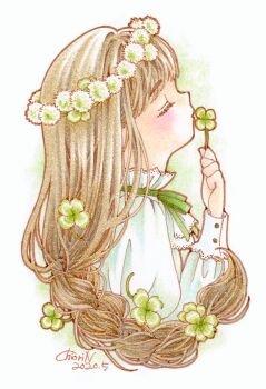 1girl blush braid brown_hair chiori_n closed_eyes clover colored_pencil_(medium) commentary_request dress flower four-leaf_clover hair_flower hair_ornament head_wreath highres long_hair original profile solo traditional_media upper_body very_long_hair white_dress