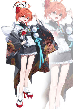 1girl absurdres ahoge alternate_costume black_kimono blue_archive braid flower full_body hair_between_eyes hair_flower hair_ornament halo hand_on_own_hip hand_up highres japanese_clothes kimono long_sleeves looking_at_viewer neru_(blue_archive) open_mouth orange_hair red_eyes red_sandals rosu_1109 sandals short_hair simple_background single_braid socks solo standing tabi white_background white_socks wide_sleeves zoom_layer