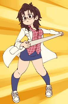 1girl :< absurdres bandages blue_skirt blue_socks braid breasts brown_eyes brown_hair buttons closed_mouth commentary commission dot_nose english_commentary full_body glasses highres holding holding_bandages kuriyama_aiko lab_coat legs_apart long_sleeves medium_breasts miniskirt mitsudomoe_(manga) outstretched_arm pigeon-toed plaid_clothes plaid_shirt pocket red_shirt rtil semi-rimless_eyewear shirt shoes skirt sneakers socks solo standing twin_braids under-rim_eyewear v-shaped_eyebrows white_shoes yellow_background