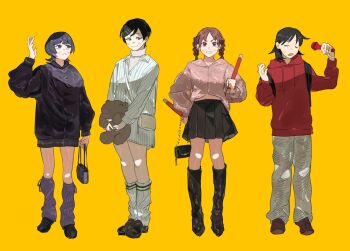 4girls :&lt; :o backpack bag baggy_clothes black_boots black_hair black_jacket black_shoes black_skirt blunt_bangs blush boots braid braided_twintails brown_hair casual closed_eyes collared_shirt commentary dress_shirt drumsticks fujii_ayame futsuu_no_keion-bu grey_pants hair_ornament hairpin hand_up handbag hands_up hatono_chihiro heartbreak_(futsuu_no_keion-bu) highres holding holding_bag holding_drumsticks holding_microphone holding_stuffed_toy hood hood_down hoodie jacket kakko_oo kouyama_rin loose_socks microphone midriff_peek mole mole_under_eye multiple_girls official_alternate_costume official_alternate_hairstyle pants pink_jacket pixie_cut pleated_skirt purple_eyes purple_hair purple_socks red_hoodie ribbed_socks self-doubt_animal_(futsuu_no_keion-bu) shirt shoes short_hair shoulder_bag simple_background skirt smile socks stuffed_animal stuffed_toy sweater sweater_under_shirt taiko_sticks turtleneck turtleneck_sweater twin_braids twintails u_u uchida_momo v-shaped_eyebrows white_sweater wolf_cut yellow_background