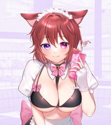 Rule 34 | 1girl, animal ears, black bra, bow, bowtie, bra, breasts, cat ears, closed mouth, clothing cutout, cup, fyirkingdomsis, gift art, heterochromia, highres, holding, holding cup, indie virtual youtuber, large breasts, maid, pink bow, pink bowtie, pink eyes, pinky mikaori, purple eyes, red hair, second-party source, smile, thai commentary, underwear, virtual youtuber