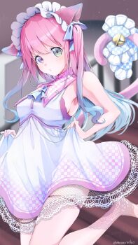 1girl animal_ears artist_name bell blue_hair breasts cat_ears cat_tail commentary dress gradient_hair green_eyes hashtag-only_commentary heterochromia highres himemori_luna hololive jingle_bell lace lace-trimmed_dress lace_trim leg_up light_blush long_hair looking_at_viewer maid_headdress mameiriko medium_breasts multicolored_hair pink_hair puckered_lips purple_eyes sideboob skirt_hold sleeveless sleeveless_dress solo swept_bangs tail thigh_strap twitter_username two_side_up virtual_youtuber watermark white_dress