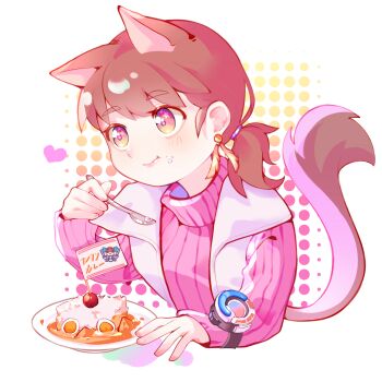 Rule 34 | 1girl, :t, bakuage sentai boonboomger, boonboom changer, brown hair, cropped torso, curry, curry rice, earrings, eating, extra ears, food, food on face, gradient eyes, halftone, halftone background, hand up, heart, highres, holding, holding spoon, jewelry, kemonomimi mode, long sleeves, looking up, low ponytail, medium hair, mini flag, multicolored eyes, pink eyes, pink sweater, plate, ponytail, ribbed sweater, rice, shifuto mira, short ponytail, solo, spoon, star (symbol), star in eye, super sentai, sweater, symbol in eye, tail, turtleneck, turtleneck sweater, upper body, vest, white background, white vest, yangwu uriel, yellow eyes