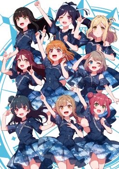 6+girls :d ;d absurdres ahoge animal_ears aqua_eyes arm_up bare_shoulders black_hair black_shirt blonde_hair blue_background blue_eyes blue_skirt blunt_bangs blush braid braided_hair_rings brown_hair clenched_hands clothing_cutout collarbone commentary_request cream_(nipakupa) crown_braid double_bun eikyuu_hours expressionless green_eyes grey_hair hair_bun hair_rings high_ponytail highres index_finger_raised kunikida_hanamaru kurosawa_dia kurosawa_ruby long_hair love_live! love_live!_sunshine!! low-braided_long_hair low-tied_long_hair matsuura_kanan miniskirt multiple_girls official_alternate_costume ohara_mari one_eye_closed one_side_up open_mouth orange_eyes orange_hair parted_bangs ponytail purple_eyes raised_fist red_eyes red_hair sakurauchi_riko salute shirt short_hair short_sleeves shoulder_cutout side_up_bun sidelocks single_braid single_hair_ring skirt smile takami_chika teeth tsushima_yoshiko upper_teeth_only v v_over_eye watanabe_you