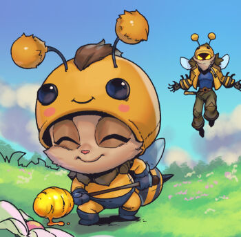 2boys animal_hood antennae bee_hood beemo beezahar black_footwear blue_shirt brown_hair brown_pants closed_eyes closed_mouth day floating flower grass holding hood hood_up jacket league_of_legends looking_at_another malzahar mask mouth_mask multiple_boys open_clothes open_jacket outdoors pants phantom_ix_row shirt smile solo_focus teemo wings yellow_eyes yellow_jacket