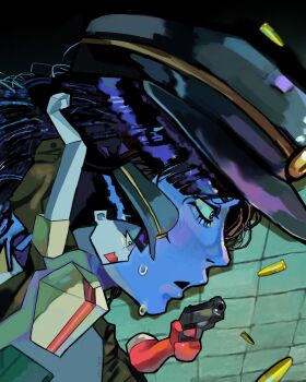 Rule 34 | 2girls, black hair, blue skin, blunt bangs, bob cut, bullet, colored skin, derivative work, ena: dream bbq, ena (dream bbq), ena (series), ena (species), floating head, green hat, gun, handgun, hangover ena, hat, highres, holding, holding gun, holding weapon, low poly, meanie ena, multicolored skin, multiple girls, open mouth, perfect blue, red skin, shirt, short sleeves, split-color skin, two-tone skin, v1x-holo, weapon