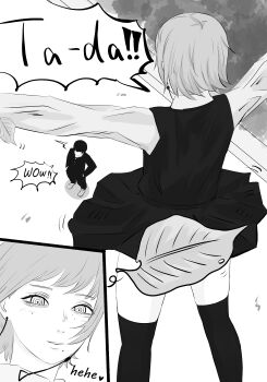 1boy 1girl absurdres aguxxxuu chainsaw_man collared_shirt convenient_censoring death_devil_(chainsaw_man) dress english_text flashing gakuran greyscale heart highres leaf leaf_censor monochrome pinafore_dress ringed_eyes school_uniform shirt sleeveless sleeveless_dress wind wind_lift yoshida_hirofumi