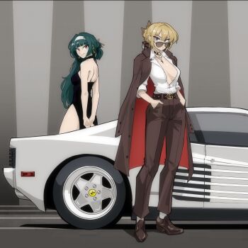 2girls absurdres alternate_costume astra_yao black_choker black_dress blonde_hair blunt_bangs breasts brown_coat brown_pants brown_shoes car choker closed_mouth coat coat_on_shoulders commentary cross cross_necklace double-parted_bangs dress evelyn_chevalier ferrari ferrari_testarossa green_hair grey_background hair_between_eyes hands_in_pockets highres jewelry large_breasts long_hair looking_at_viewer motor_vehicle multiple_girls necklace pants partially_unbuttoned purple_eyes red_eyes shirt shoes short_hair smile standing sunglasses vee_(427deer) white_shirt zenless_zone_zero