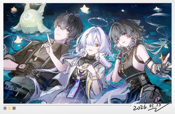 Rule 34 | 1boy, 2girls, akiko54124, bare shoulders, black gloves, black hair, black jacket, breasts, closed mouth, commentary request, dress, dual persona, earrings, female rover (wuthering waves), gloves, grey hair, grey shirt, hair between eyes, hair ornament, hair over one eye, hair ribbon, halo, hand on own chest, highres, jacket, jewelry, long hair, looking at viewer, male rover (wuthering waves), medium breasts, mornye (wuthering waves), multiple girls, pointing, pointing up, purple dress, red eyes, ribbon, rover (wuthering waves), shirt, smile, tacet mark (wuthering waves), triangle earrings, white jacket, wuthering waves, yellow eyes, yellow ribbon