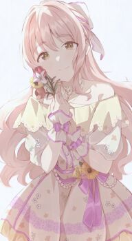 1girl blush dress duffy floral_print flower frilled_wristband half_updo highres holding holding_flower idolmaster idolmaster_cinderella_girls light_smile long_hair looking_at_viewer off-shoulder_dress off_shoulder pink_hair saionji_kotoka simple_background solo very_long_hair white_background yellow_dress