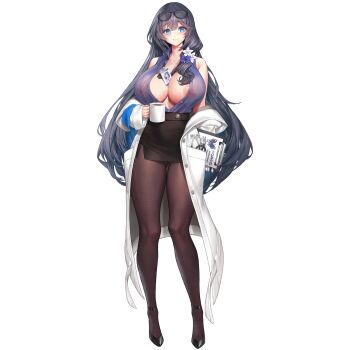 1girl bare_shoulders between_breasts black-framed_eyewear black_hair black_pantyhose black_shoes black_skirt blue_eyes blue_nails blue_ribbon blue_shirt blush breasts buttons character_name cleavage clipboard closed_mouth coat coffee_mug collarbone collared_shirt cup dress_shirt drinking_glass eyewear_on_head flower full_body game_asset glasses gluteal_fold hair_flower hair_ornament hair_ribbon high_heels highres holding holding_clipboard holding_cup huge_breasts id_card knees_together_feet_apart lab_coat lanyard last_origin lips lipstick_mark lipstick_mark_on_cup long_coat long_hair looking_at_viewer miniskirt mole mole_under_eye mug nail_polish nipples non-web_source oberonia_rhea off_shoulder official_alternate_costume official_art pantyhose partially_unbuttoned pencil_skirt ribbon see-through_clothes see-through_shirt self-datamine shirt shoes simple_background skirt sleeveless sleeveless_shirt smile solo standing stethoscope tachi-e taut_clothes taut_skirt thick_thighs thighs transparent_background veksoo very_long_hair white_coat