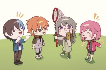 Rule 34 | 2boys, 2girls, :d, animal, animal crossing, aoyagi touya, beetle, blue hair, blue jacket, brown eyes, brown footwear, brown hair, brown pants, bug, butterfly net, character request, closed eyes, closed mouth, goguma wagamja, grey footwear, grey jacket, grey shorts, hand net, holding, holding animal, holding butterfly net, hood, hoodie, insect, jacket, multicolored hair, multiple boys, multiple girls, nintendo, ootori emu, open mouth, orange hair, pants, parody, pink hair, pink jacket, project sekai, purple eyes, shinonome akito, shirt, short hair, shorts, smile, split-color hair, standing, style parody, sweat, two-tone hair, very short hair, white shirt