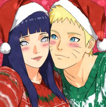 1boy 1girl alternate_costume blonde_hair blue_eyes blush commentary commission english_commentary facial_mark green_sweater hat highres hyuuga_hinata long_hair looking_at_another looking_at_viewer nanxdaime naruto_(series) naruto_shippuuden parted_lips purple_eyes purple_hair red_hat red_sweater santa_hat short_hair sweater upper_body uzumaki_naruto whisker_markings
