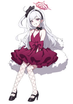 1girl absurdres bare_shoulders black_hairband black_shoes blue_archive commentary dress earrings fishnet_pantyhose fishnets full_body hairband halo high_heels highres jewelry long_hair looking_at_viewer mutsuki_(blue_archive) mutsuki_(dress)_(blue_archive) pantyhose pu90237361 purple_eyes red_dress red_halo shoes simple_background sleeveless sleeveless_dress smile solo white_background white_hair