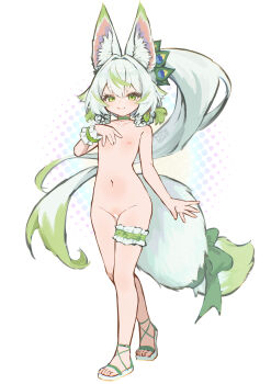 1girl animal_ear_fluff animal_ears bar_censor breasts censored chack520 chinese_commentary choker commentary_request completely_nude frilled_thigh_strap frills full_body green_eyes green_hair halftone halftone_background hand_up highres large_ears large_variant_set long_hair looking_at_viewer navel negiwolf nipples nude original peacock_feathers ponytail pussy ribbon sandals small_breasts tail tail_ornament tail_ribbon thigh_strap thighs variant_set white_background wolf_ears wolf_girl wolf_tail