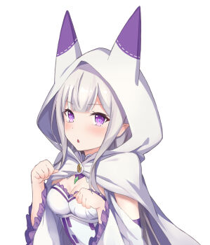 1girl absurdres animal_ears breasts cape chestnut_mouth cleavage echiru39 emilia_(re:zero) fake_animal_ears frilled_sleeves frills highres hood hood_up hooded long_sleeves medium_breasts pointy_ears purple_eyes re:zero_kara_hajimeru_isekai_seikatsu simple_background solo upper_body white_background white_cape white_sleeves