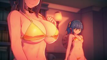 2girls 3d adjusting_clothes adjusting_swimsuit animated anna_anon bikini blue_hair blurry blurry_background book bookshelf bouncing_breasts breast_envy breasts closed_mouth dartboard eyes_out_of_frame gold_bikini head_out_of_frame highres indoors koikatsu_(medium) large_breasts looking_at_viewer looking_down multiple_girls navel open_mouth original pointy_ears red_eyes sana_(anna_anon) small_breasts smile swimsuit tagme thighs video wide_hips