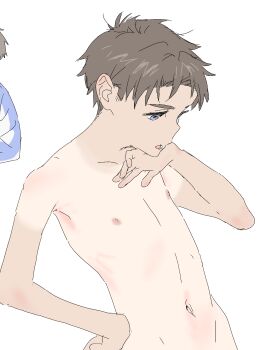 1boy absurdres blue_eyes brown_hair hand_on_own_hip highres male_focus navel nipples nude open_mouth original short_hair shota solo sugio upper_body white_background