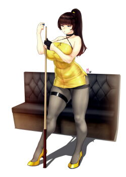 1girl bare_arms bare_shoulders blue_eyes blunt_bangs breasts brown_hair cleavage cue_stick curvy dress high_heels high_ponytail holding huge_breasts long_hair mole mole_under_eye original pantyhose ponytail queue shoes short_dress solo standing thigh_strap thighs tight_clothes tight_dress tight_shoes yellow_dress yellow_shoes zcune zipper