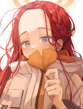 1girl autumn_leaves blue_archive blue_eyes blush bow braid closed_mouth coat commentary_request covered_mouth eyelashes forehead ginkgo_leaf hair_bow halo hand_up highres holding holding_leaf korean_commentary lazy_jeyuk_bokkeum leaf long_hair long_sleeves looking_at_viewer messy_hair millennium_science_school_logo orange_halo parted_bangs red_hair side_braid simple_background smile solo upper_body white_background white_bow white_coat yuzu_(blue_archive)