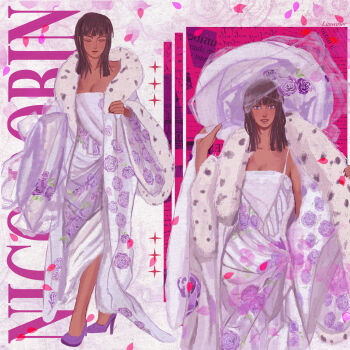 1girl artist_name black_hair blue_eyes blunt_bangs closed_eyes coat commentary dress english_commentary floral_print full_body fur-trimmed_coat fur_trim hat high_heels highres light_smile limeariee long_hair looking_at_viewer nico_robin one_piece purple_shoes shoes white_dress