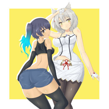 2girls animal_ears ass bare_shoulders blue_hair breasts brown_eyes cat_ears cat_girl crop_top dark-skinned_female dark_skin elbow_gloves fingerless_gloves gloves glowing glowing_hair looking_back medium_breasts medium_hair migotaa mio_(xenoblade) multiple_girls pantyhose sena_(xenoblade) short_hair shorts side_ponytail skirt sleeveless thighhighs white_fur xenoblade_chronicles_(series) xenoblade_chronicles_3 yellow_eyes