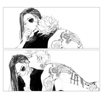 2girls absurdres arcane:_league_of_legends arcane_caitlyn arcane_vi arm_tattoo back_tattoo baduk_dog blush caitlyn_(league_of_legends) closed_eyes clothed_female_nude_female covering_own_mouth ear_licking eyepatch greyscale head_on_another's_shoulder highres league_of_legends licking long_hair monochrome multiple_girls nude short_hair tattoo vi_(league_of_legends) yuri