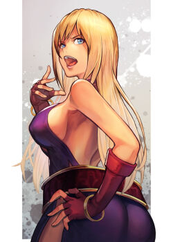1girl armpits belt blue_eyes bracelet breasts choker dress elbow_gloves fatal_fury fingerless_gloves garou:_mark_of_the_wolves gloves hand_on_own_hip hand_up hinoru_saikusa b._jenet jewelry large_breasts long_dress long_hair looking_at_viewer looking_back open_mouth pirate purple_dress red_glove sideboob sleeveless sleeveless_dress snk solo the_king_of_fighters the_king_of_fighters_xv