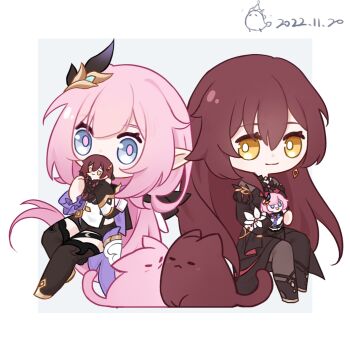2girls animalization black_boots black_dress black_pantyhose black_shorts blue_eyes boots brown_cat cat character_doll chibi chinese_commentary cleveland01 commentary_request corset dated doll dress eden_(honkai_impact) elf elysia_(honkai_impact) elysia_(miss_pink_elf)_(honkai_impact) hair_ornament holding holding_doll honkai_(series) honkai_impact_3rd long_hair multiple_girls pantyhose person_and_animalization pink_cat pink_hair pointy_ears shorts very_long_hair white_corset yellow_eyes